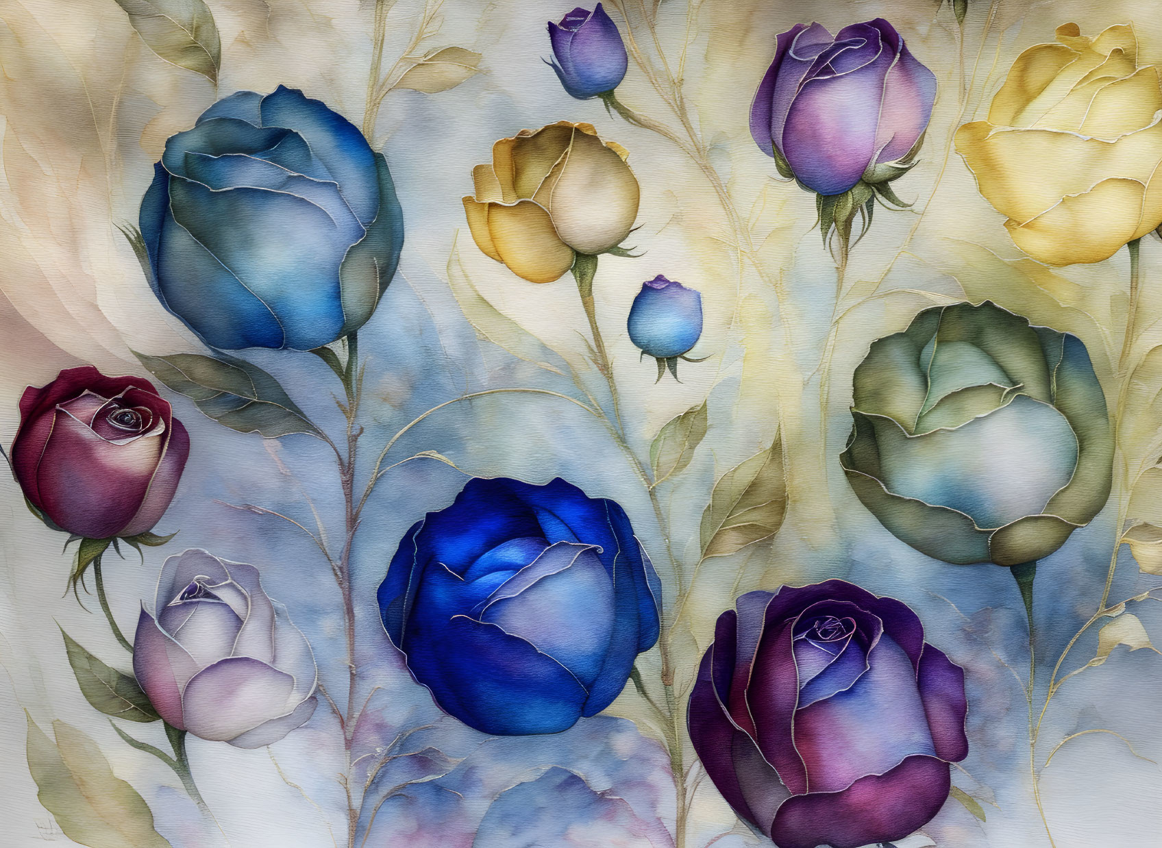 Blue, Purple, and Yellow Roses Watercolor Painting