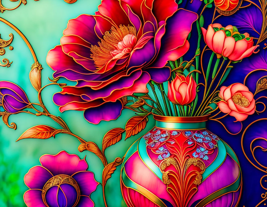 Colorful digital artwork featuring red flower, buds, and purple vase on turquoise background