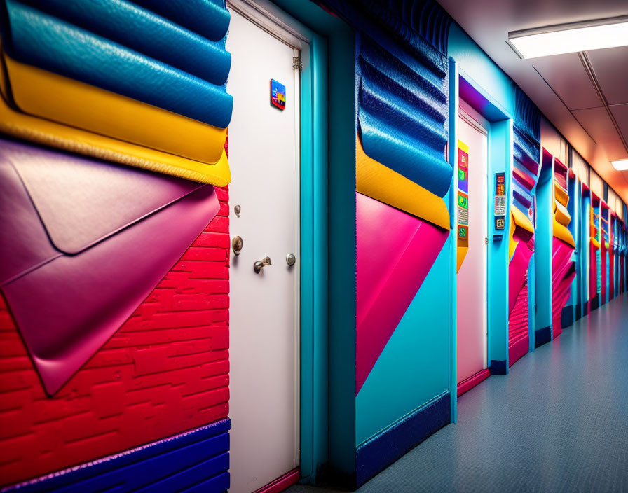 Vibrant padded hallway with colorful walls and geometric doors