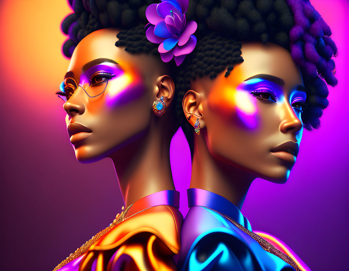 Women with striking makeup and colorful lighting, adorned with floral hair accessories and vibrant earrings