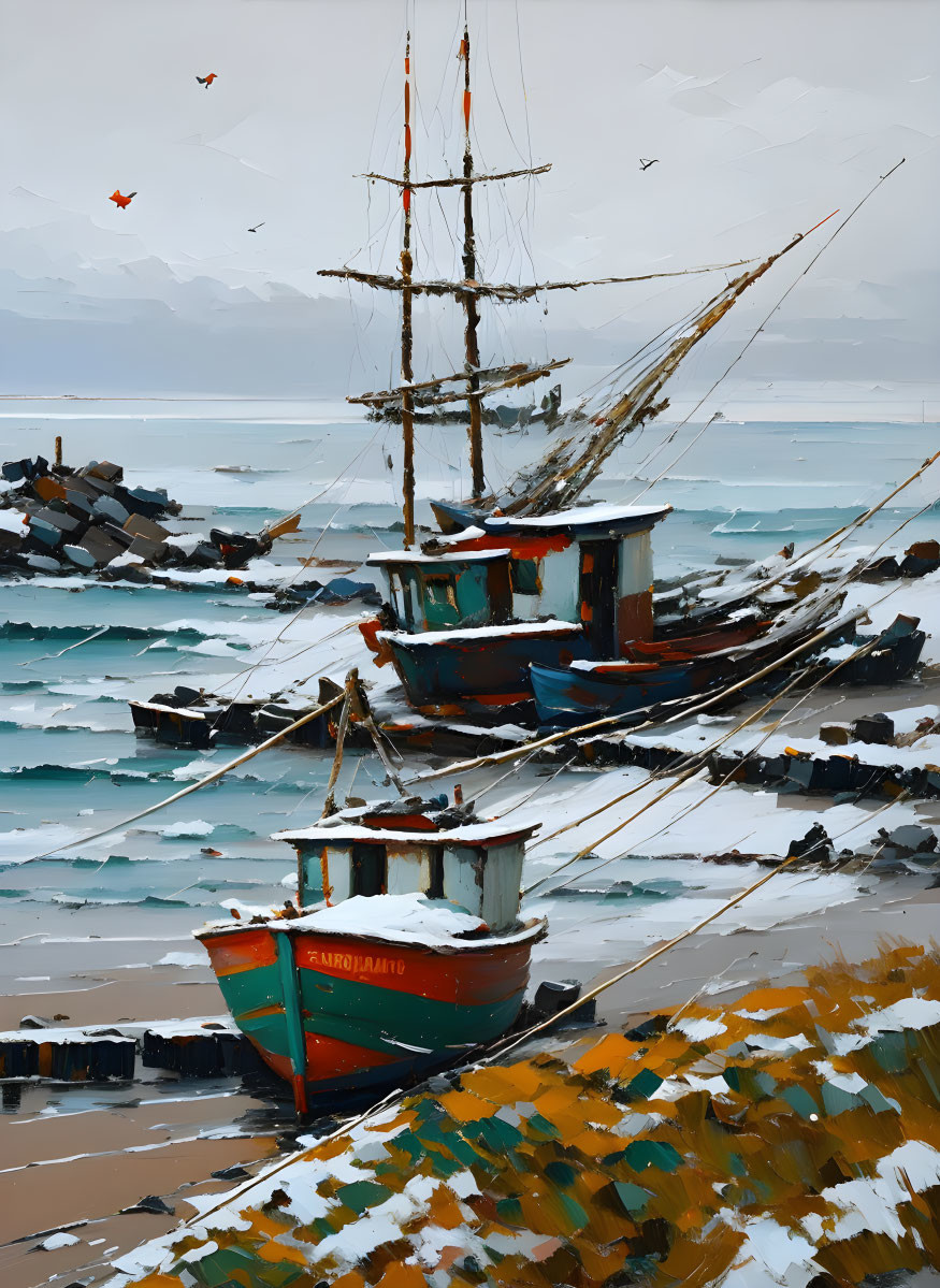 Colorful Fishing Boats and Tall Ship in Snowy Shore Oil Painting