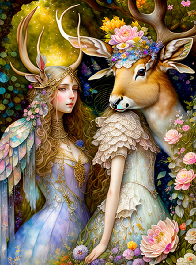 Illustration of woman with angelic wings and deer in vibrant, floral setting