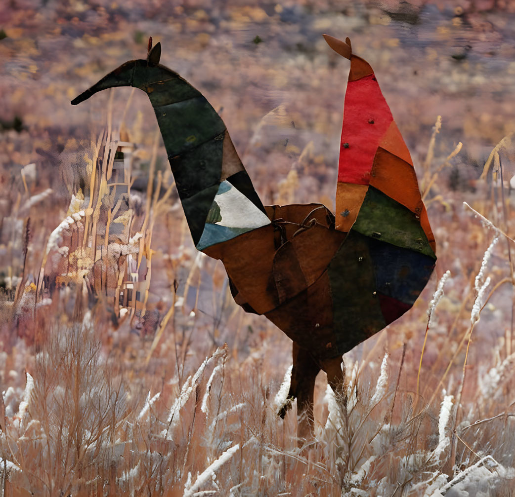 Multicolored abstract rooster sculpture in frost-covered grass.