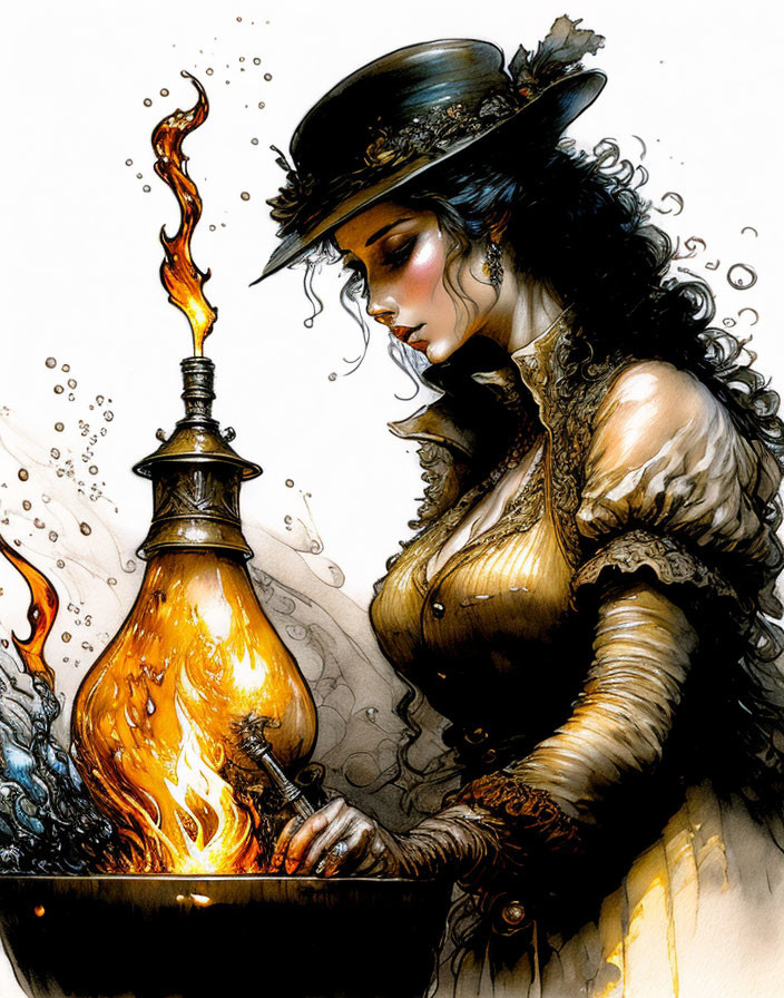 Victorian woman illustration with fiery potion and oil lamp flame