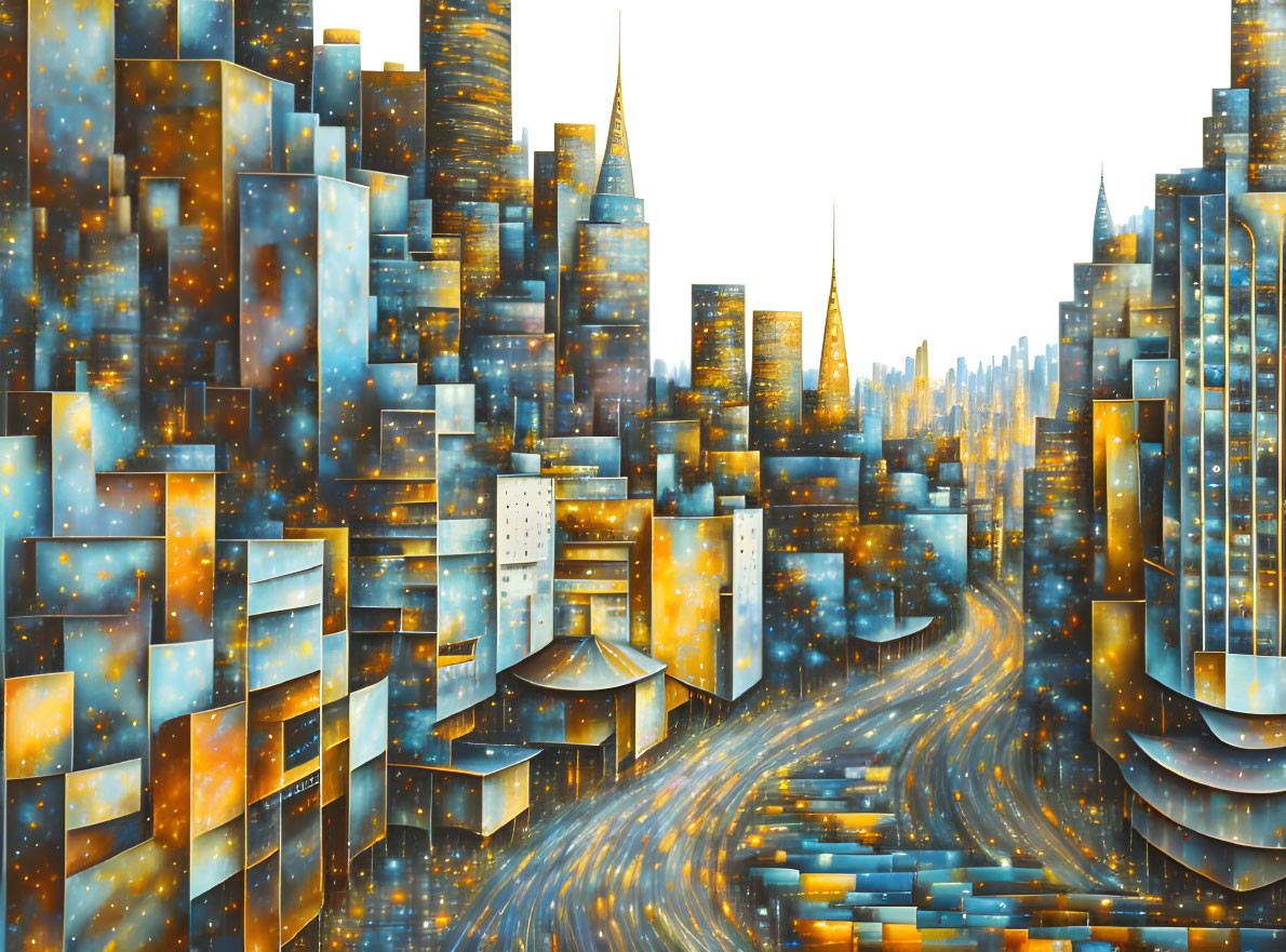 Abstract cityscape with glowing golden lights and shimmering towers.