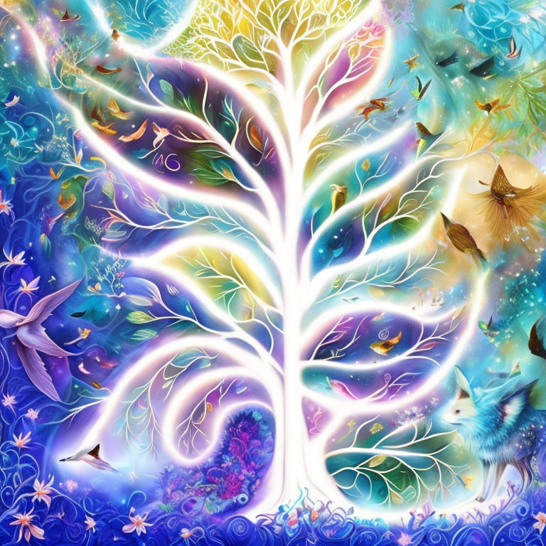 Ethereal artwork: Luminous tree with mystical creatures