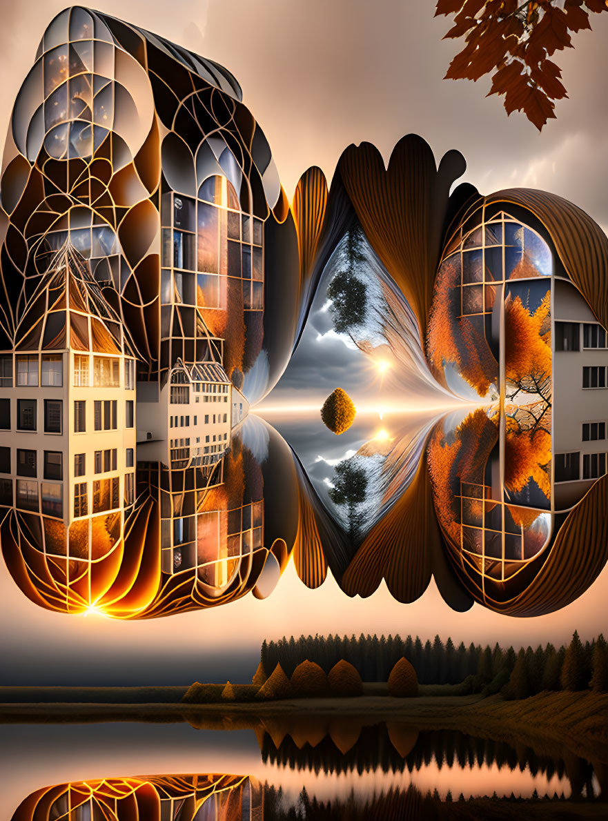 Digital artwork: Architecture and nature blend in circular shapes on autumnal backdrop