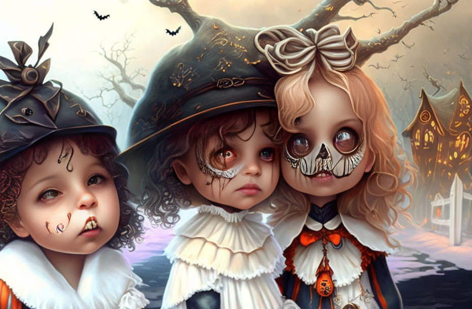 Doll-like characters in Halloween costumes in spooky fantasy scene