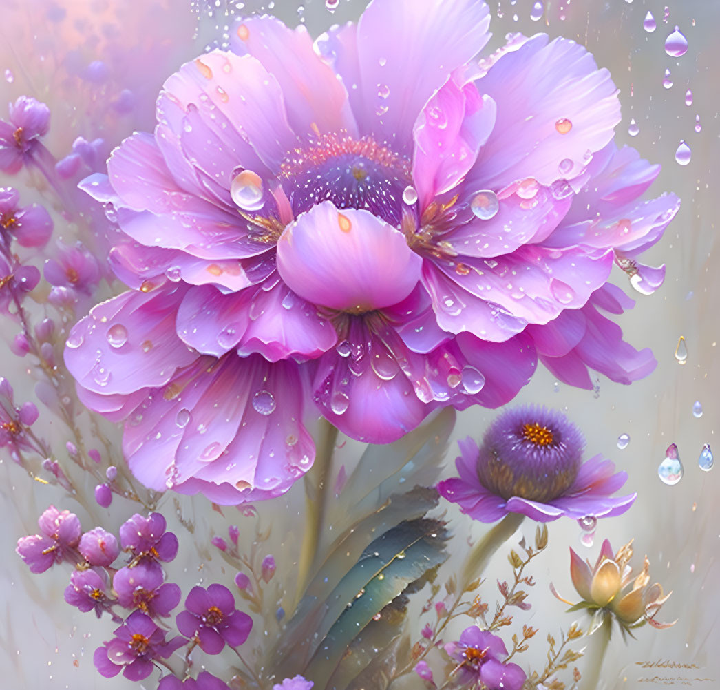 Vibrant pink flower with water droplets, surrounded by smaller blooms on a pastel background