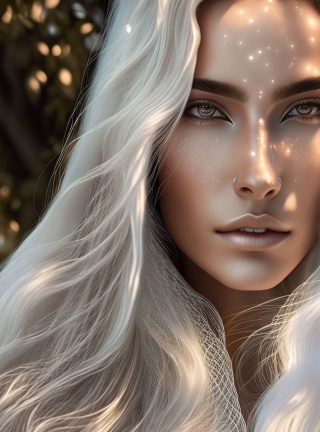 Portrait of woman with pale skin, white hair, glowing freckles, against ethereal natural backdrop