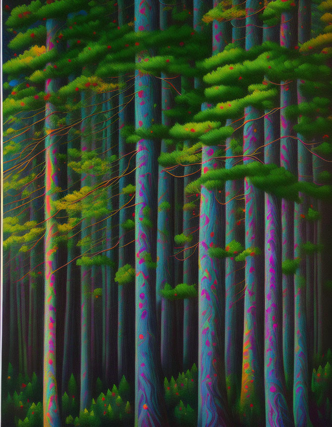 Colorful forest painting with stylized tree trunks and green branches