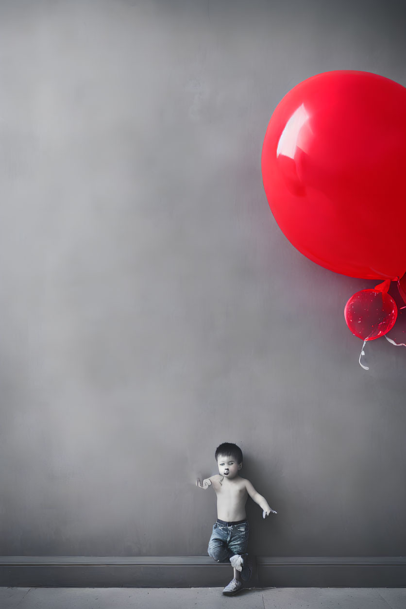 Child admires giant red balloon against gray wall