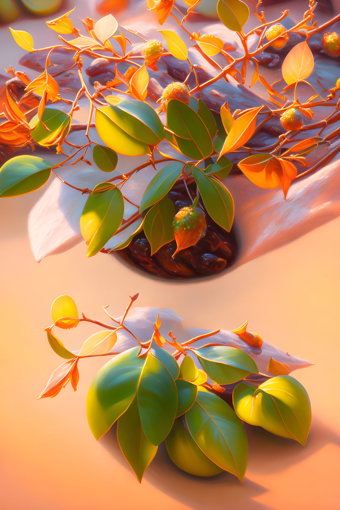 Stylized warm-toned illustration of plant branches with green fruits and orange leaves