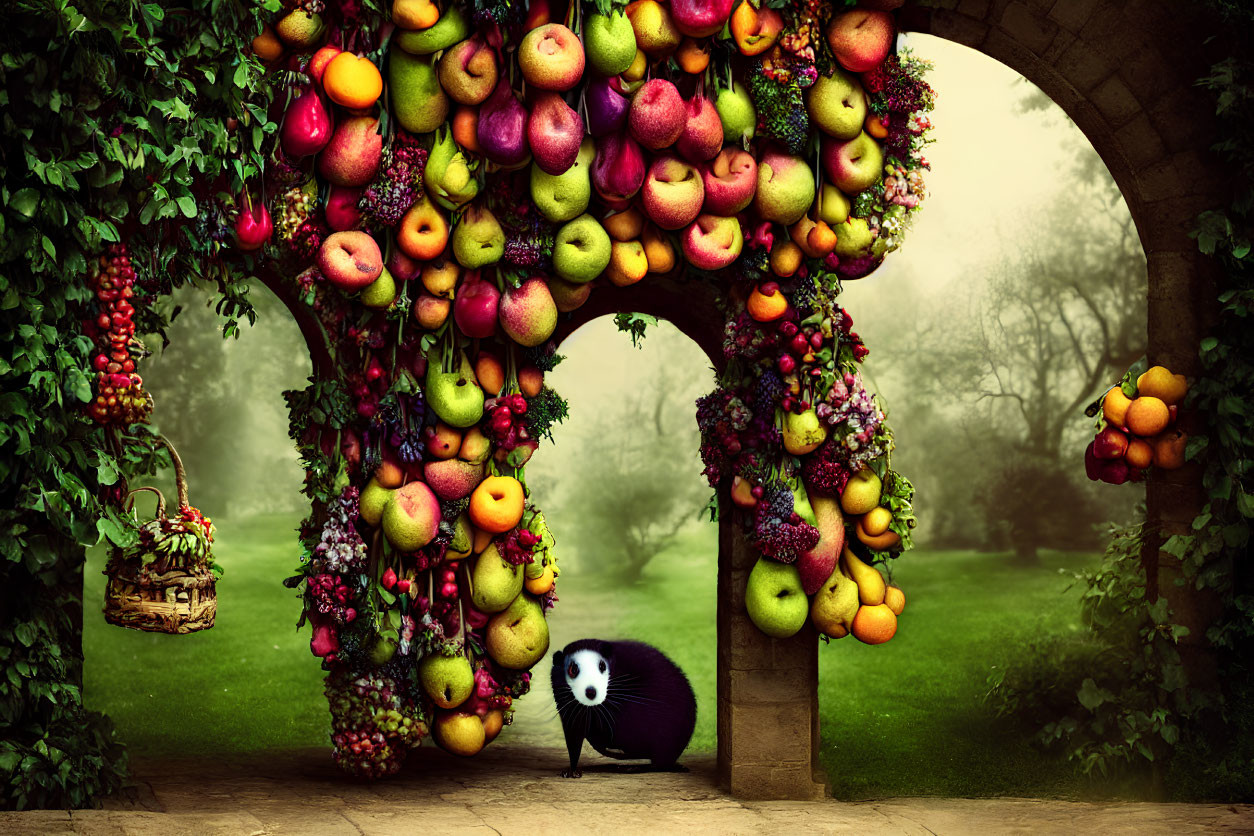 Colorful Fruit Adorned Archway Overlooking Garden with Hedgehog and Basket