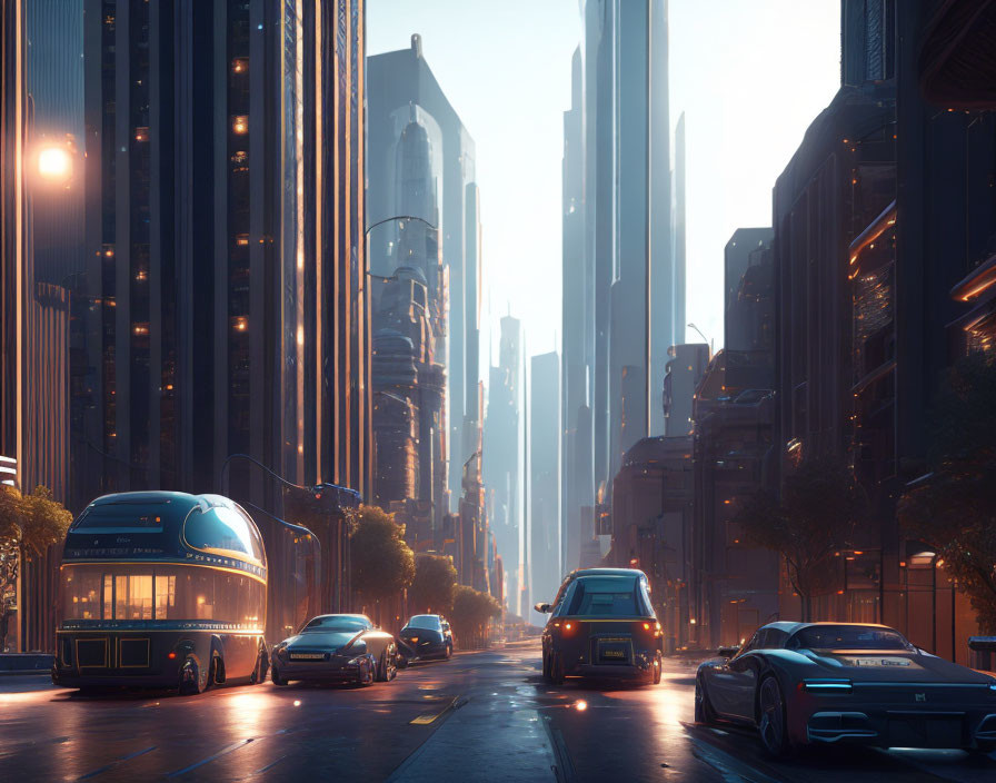 Futuristic city street at sunset with skyscrapers and advanced vehicles