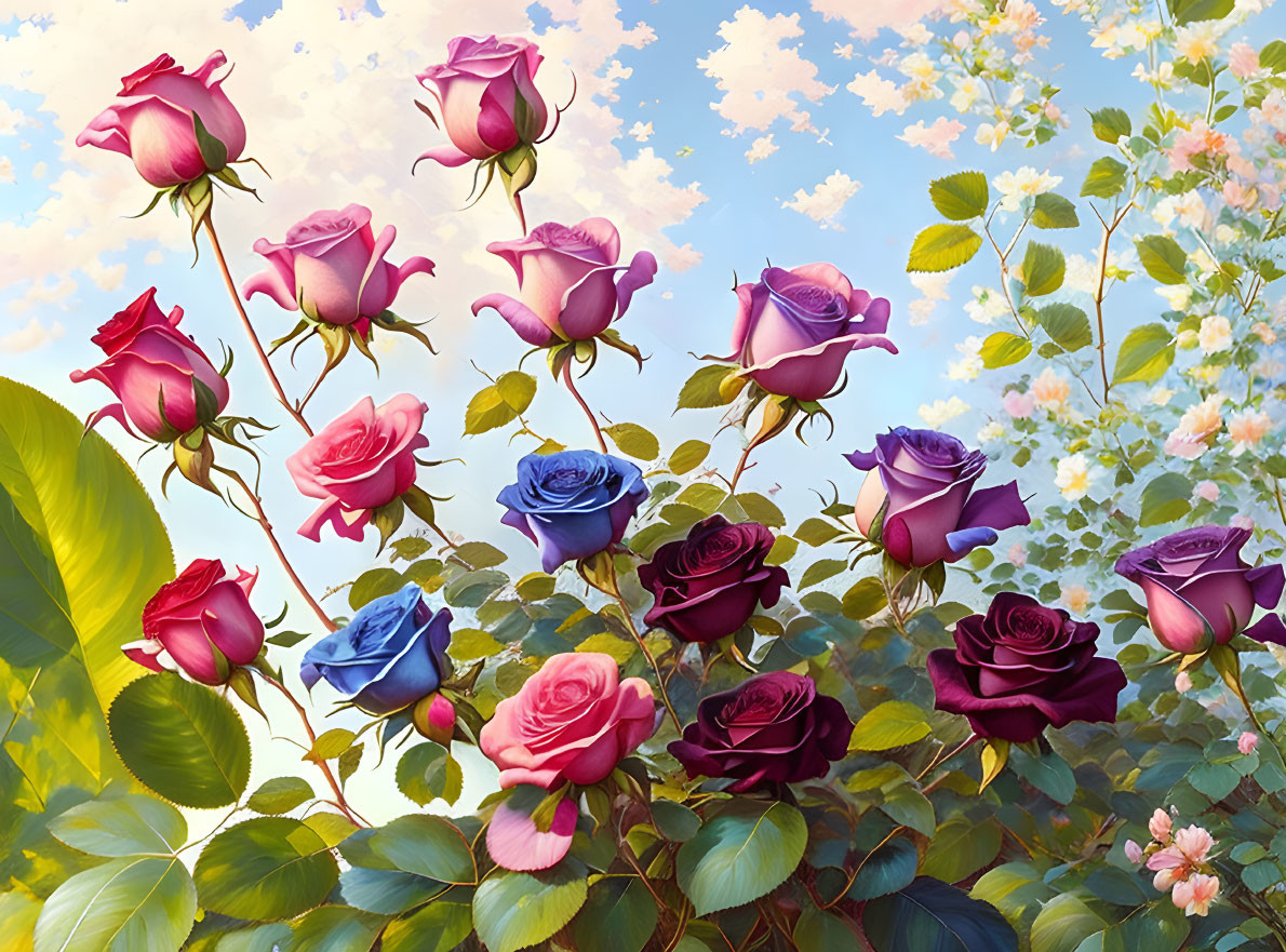 Colorful Illustrated Roses Against Blue Sky and Clouds