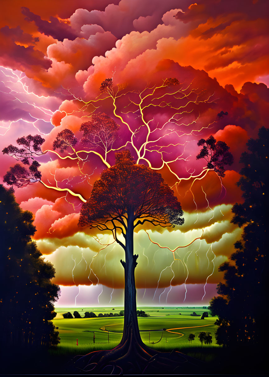 Colorful artwork: tree branches like lightning in fiery stormy sky