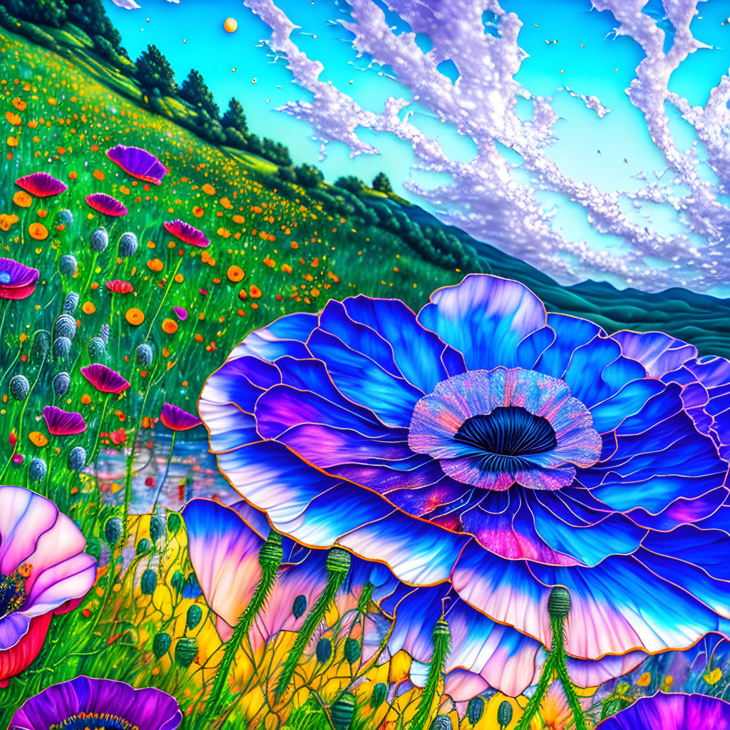 Colorful digital artwork: Large blue poppies in meadow