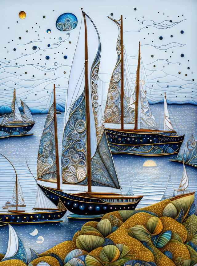 Sailboats with intricate patterns sailing on whimsical waves