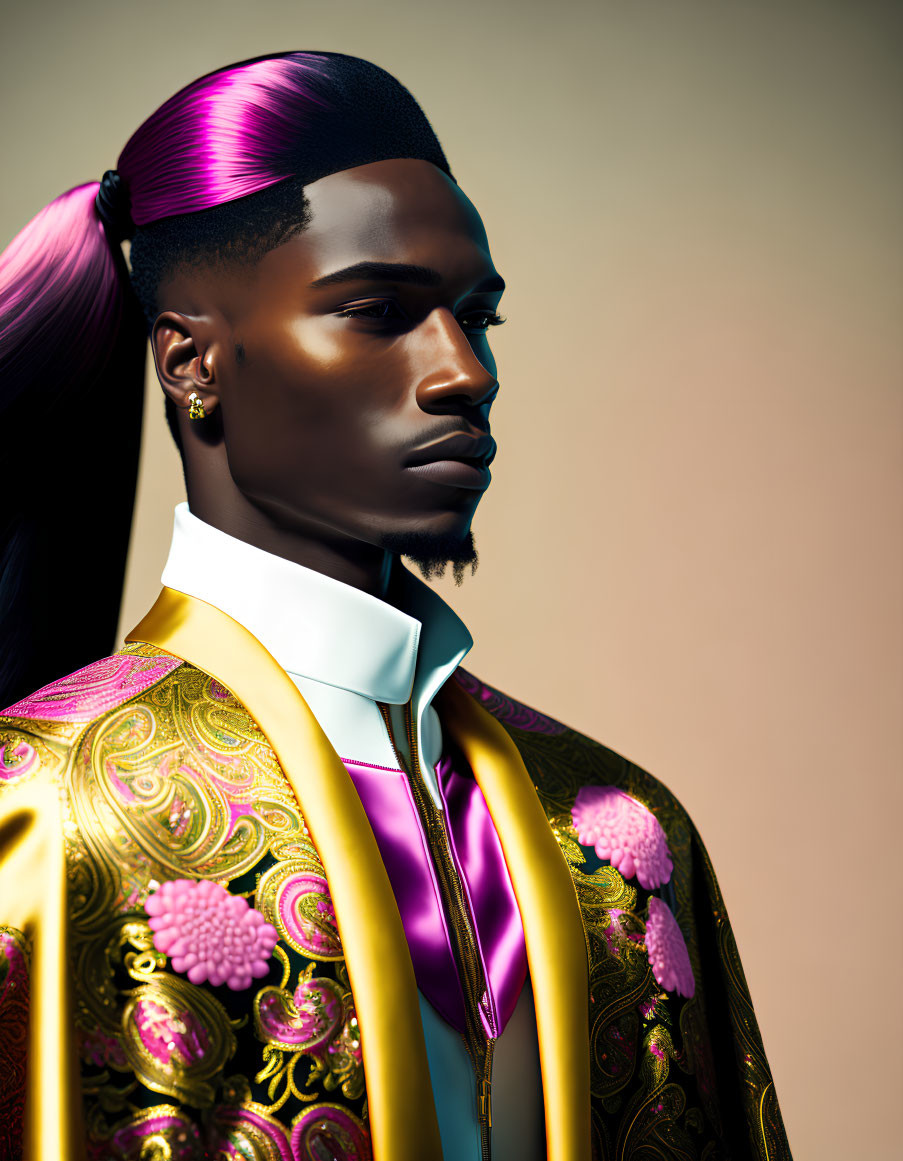 Digital art portrait of man with sleek purple hairstyle in luxurious gold jacket.