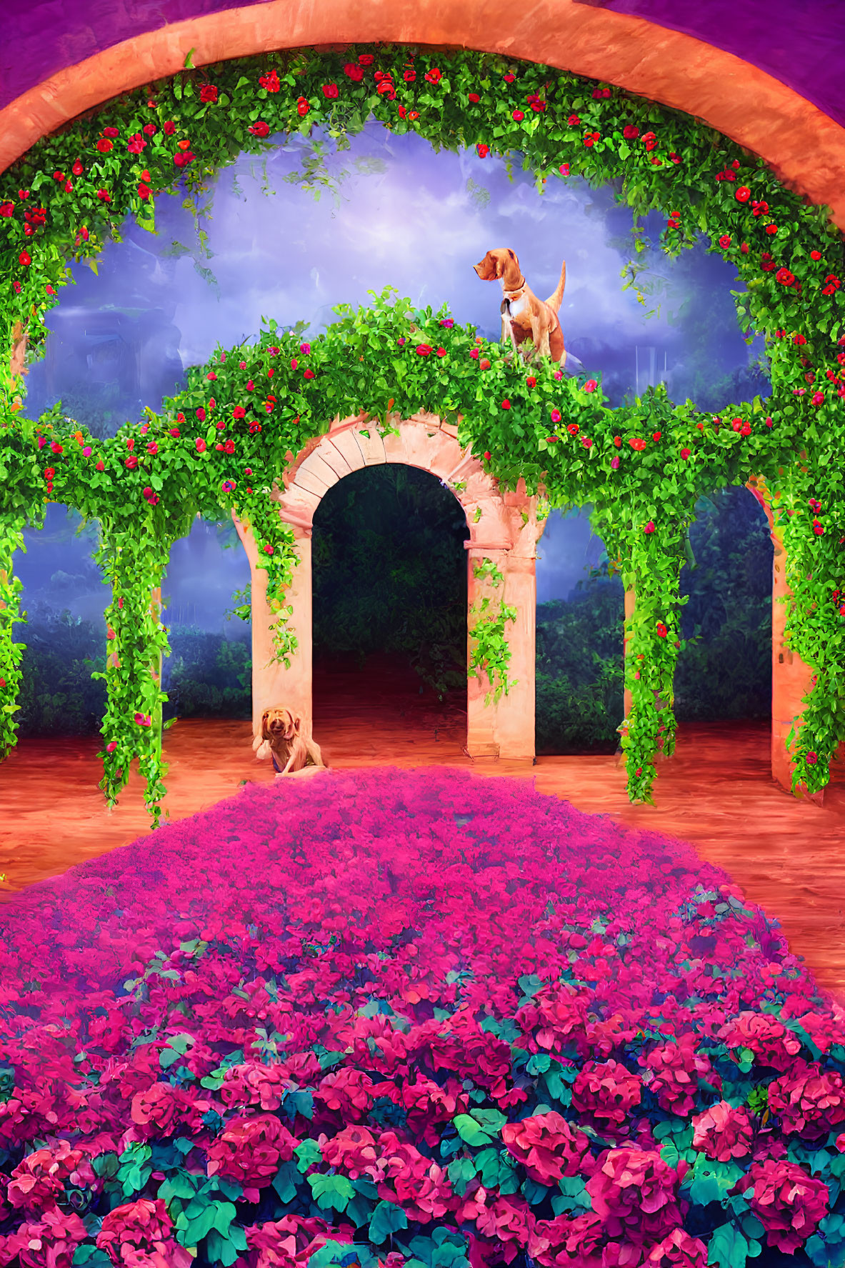 Lush Garden Scene with Archways, Flowers, and Playing Dogs