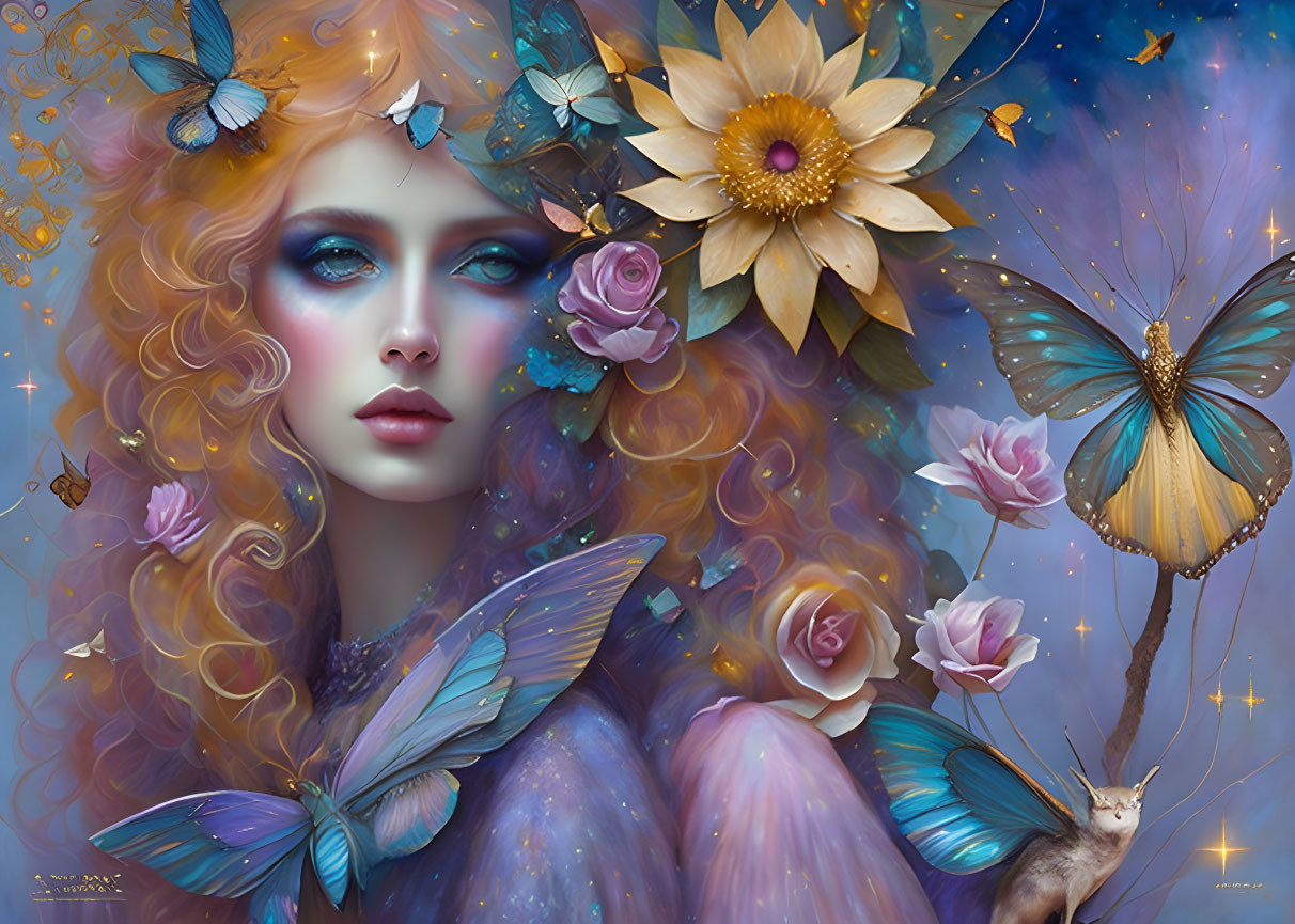 Curly-Haired Woman with Butterfly and Flower Adornments in Fantasy Illustration