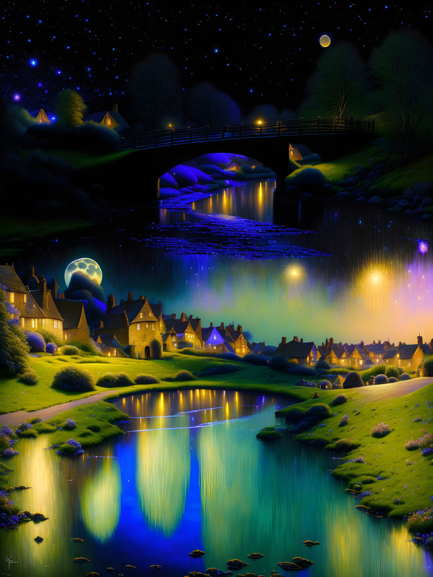 Nighttime scene: Two moons, river reflection, village with lit houses, starry sky, bridge