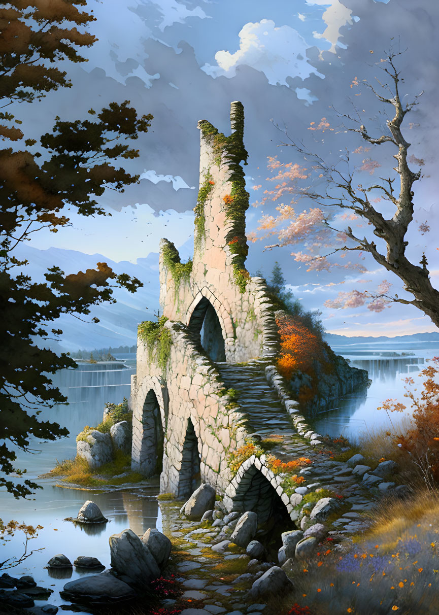 Ancient stone archway by tranquil lake in autumn landscape