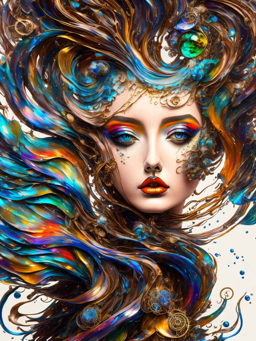 Colorful digital artwork: Woman with vibrant hair and detailed makeup.