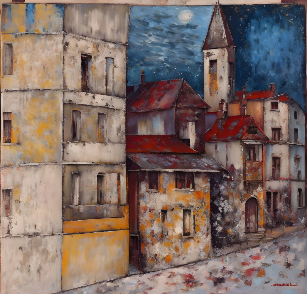 European old town street painting with colorful buildings and church tower.