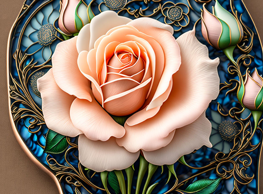 Detailed Close-Up of Stylized Rose on Dark Patterned Background