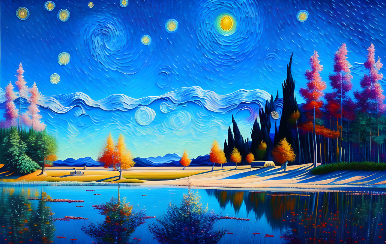 Colorful autumn trees, swirling starry sky, and tranquil lake in vibrant landscape.