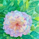 Colorful rose painting with pink, blue, and yellow hues on green background