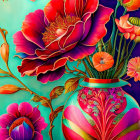 Colorful digital artwork featuring red flower, buds, and purple vase on turquoise background