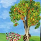 Surreal orange tree artwork with bountiful fruit and orbs against blue sky