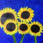 Four vibrant sunflowers against blue patterned background