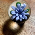 Luminescent orb with blue flower illustration amidst silk flowers on marbled backdrop