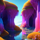 Fantasy landscape with pink and purple stalactites, orange foliage, serene river, and blue sky