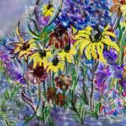 Colorful Floral Painting with Swirling Patterns in Purple and Yellow