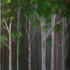 Stylized forest with tall patterned trees and dense green canopies