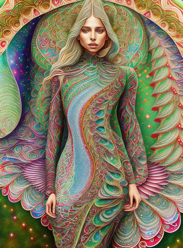 Colorful Patterns Surround Woman in Psychedelic Art