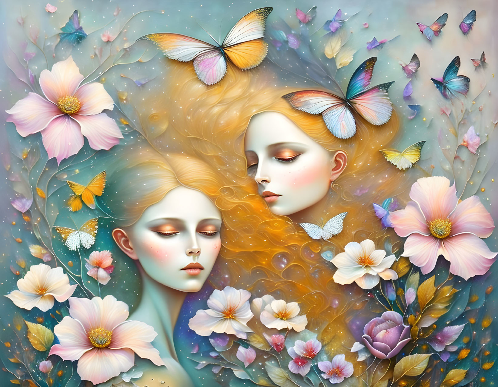 Ethereal female figures with flowing hair in floral setting