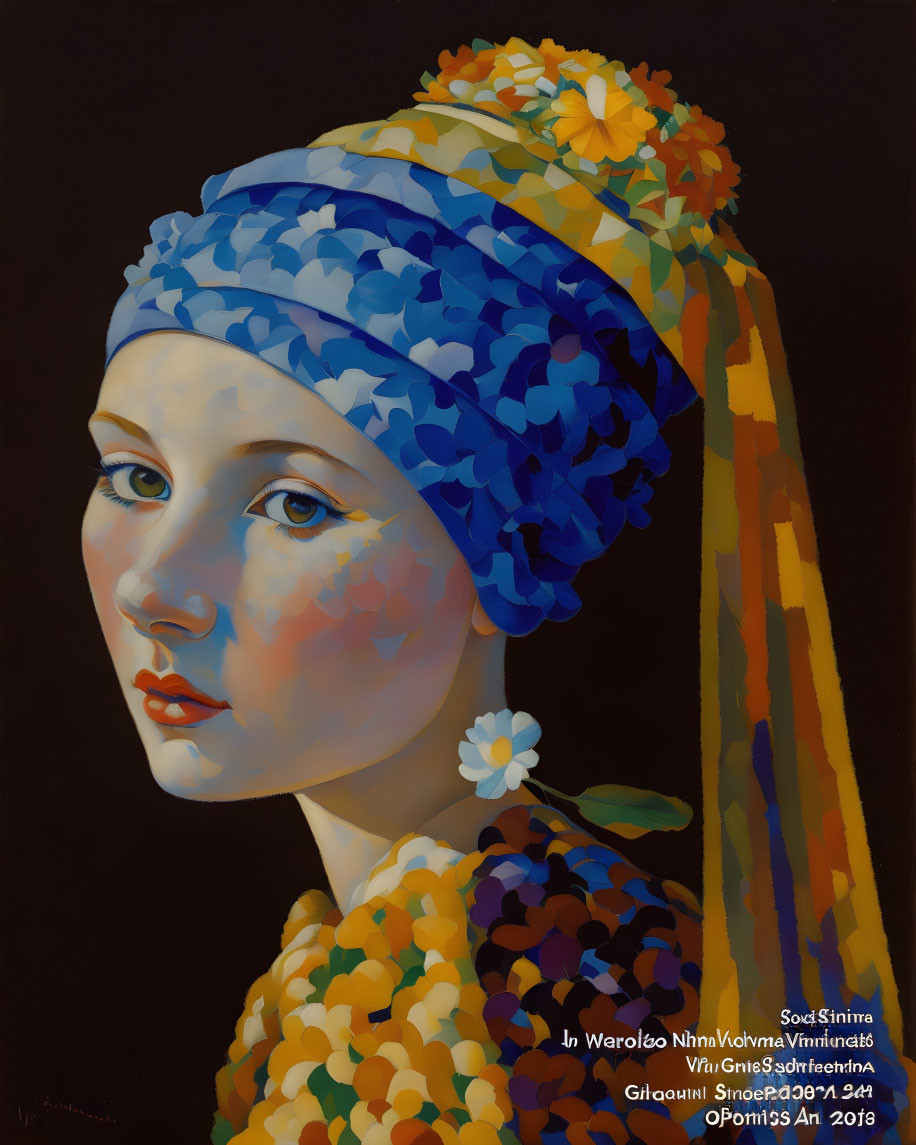 Colorful painting of a woman in vibrant headscarf and clothing