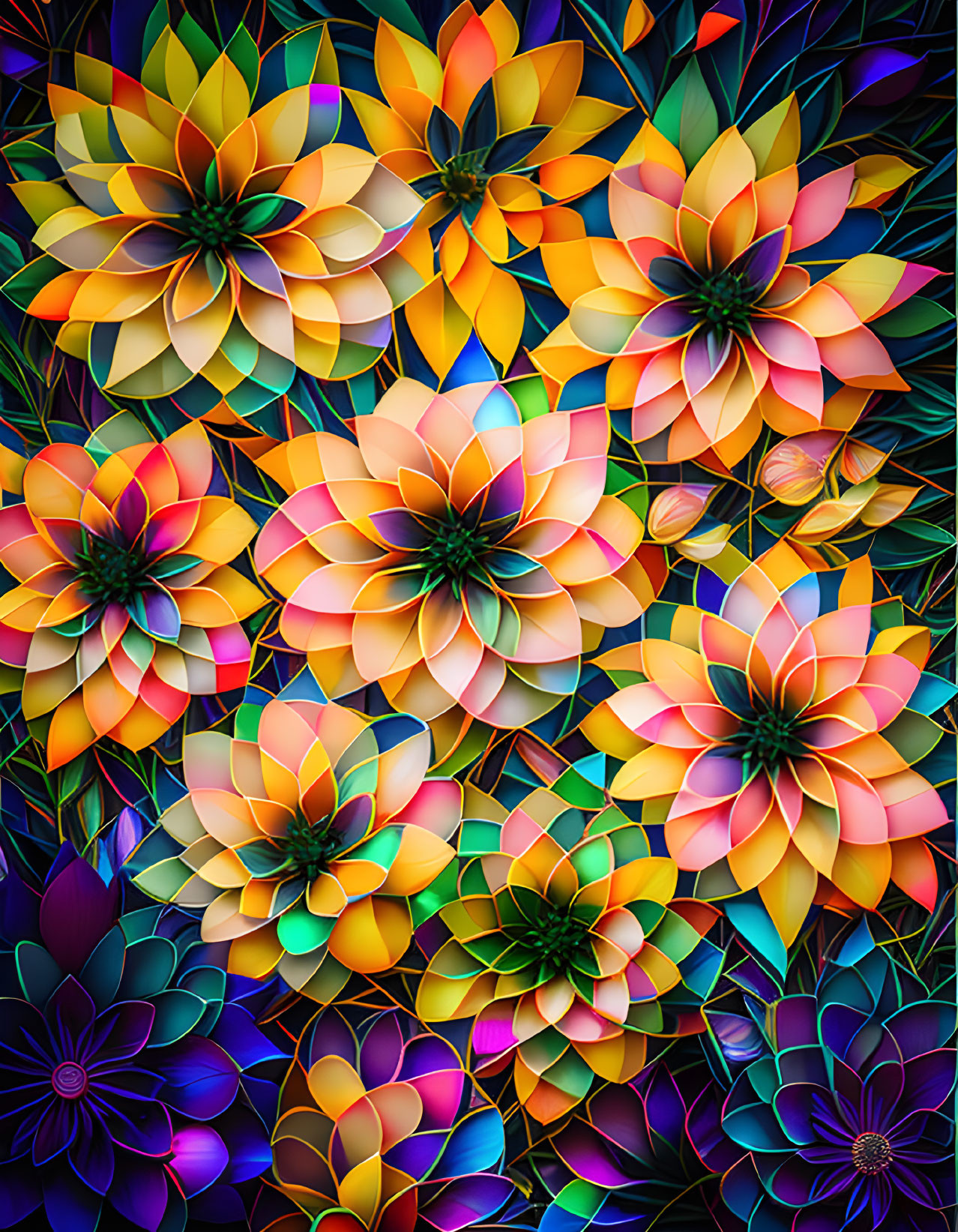 Layered multicolored flower digital artwork on dark background