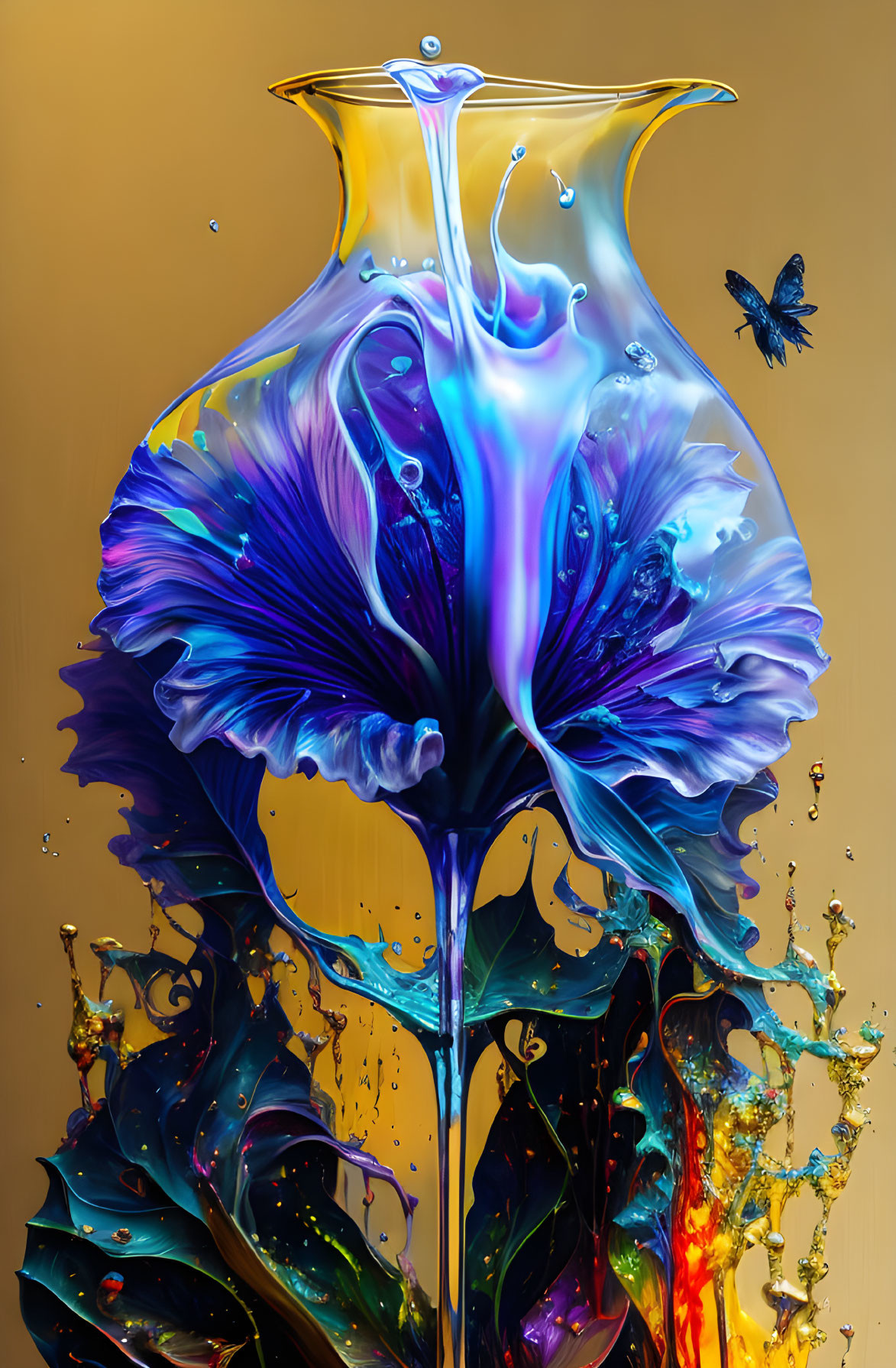 Colorful surreal liquid flower and butterfly on warm background