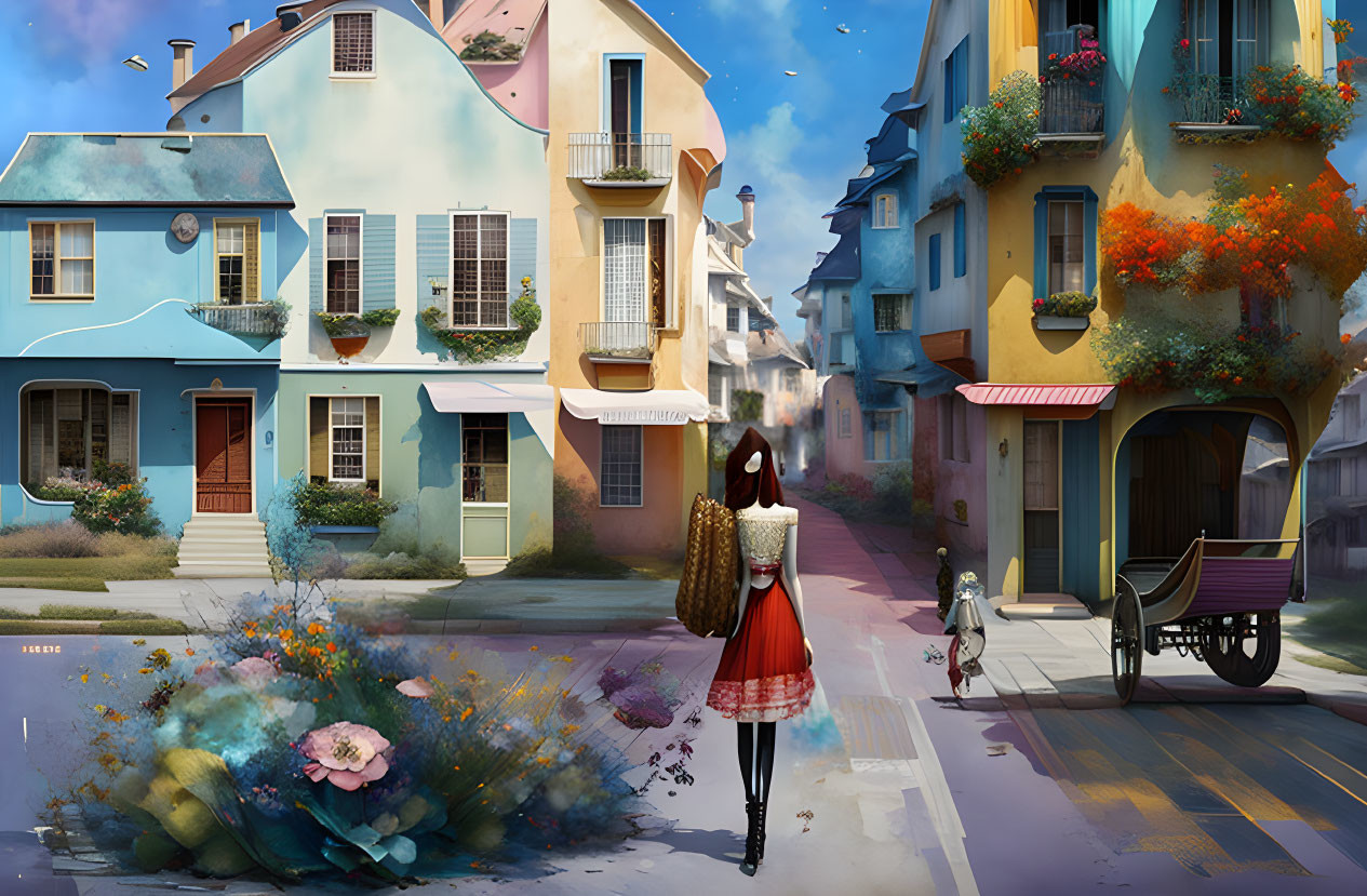 Vibrant street scene with colorful houses, figure holding a balloon, blooming flowers, child with