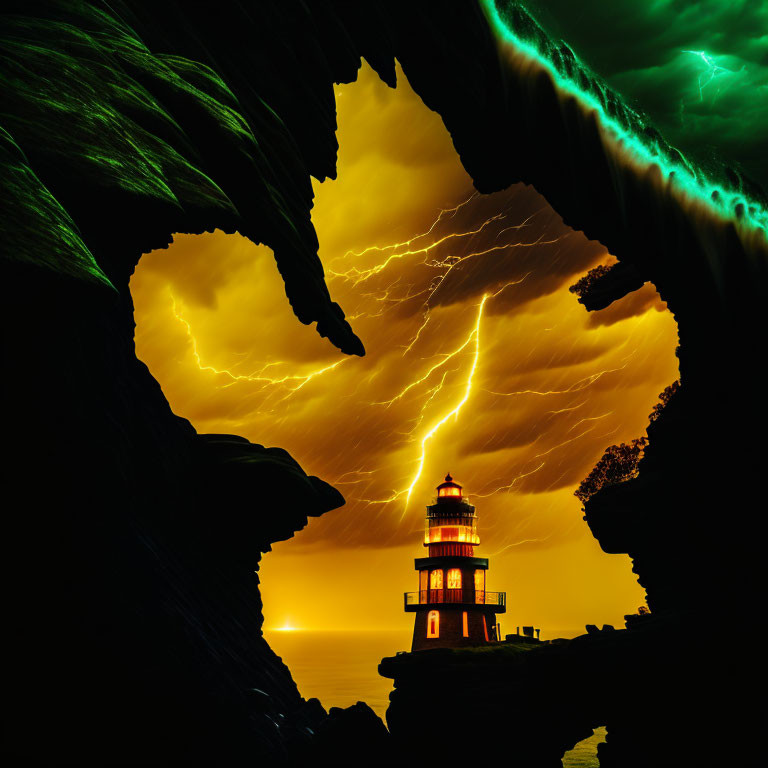 Stormy backdrop with dramatic lightning bolts illuminating a lighthouse