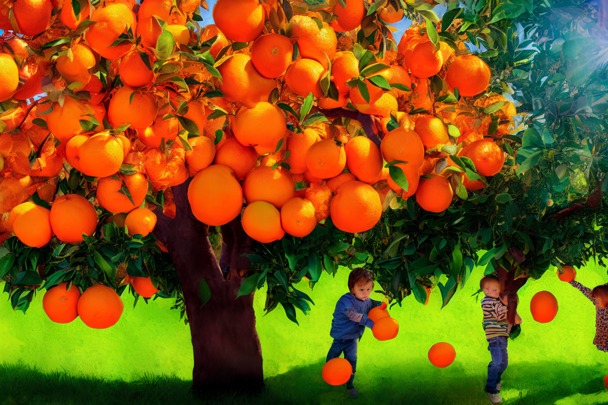 Lush orange orchard with ripe fruits, children playing in the sunlit shadows