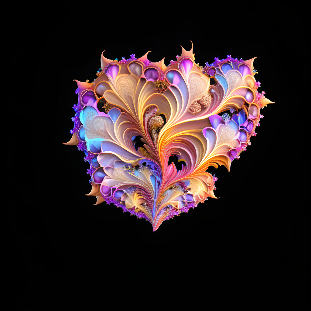 Colorful Heart-Shaped Fractal Design on Black Background