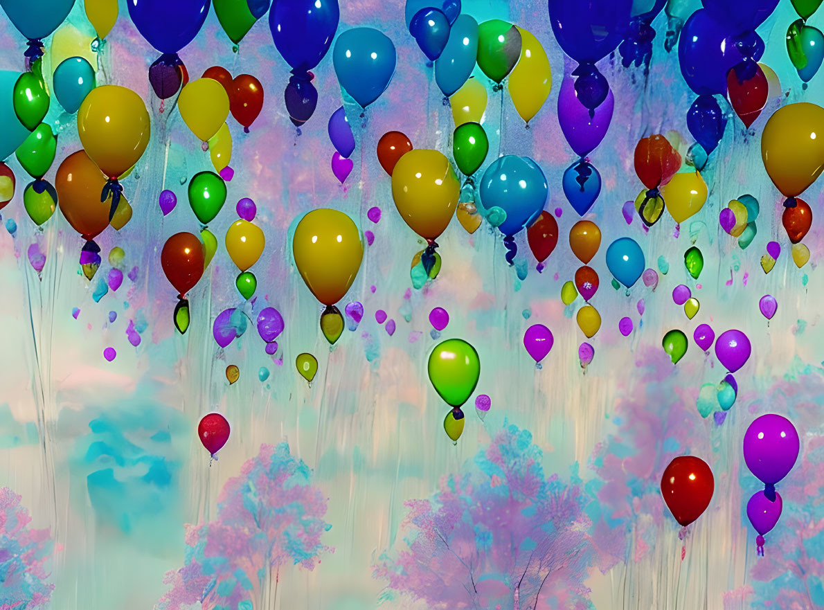 Colorful balloons float against pastel trees and clouds